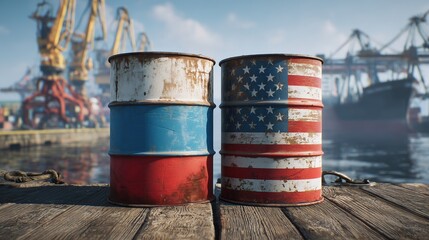 Obraz premium Rusty metal barrels painted as Russian and American flags on a wooden pier. Concept of global energy market competition, oil trade, and economic sanctions.