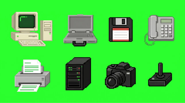Retro Office Technology and Computing Pixel Art Icon Set