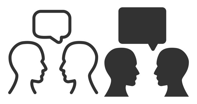 Two human head profiles face each other with empty speech bubbles. Both outline and solid silhouette styles are shown on transparent background.