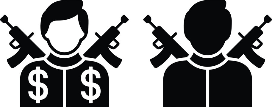 Merchant and soldier with guns and money icons