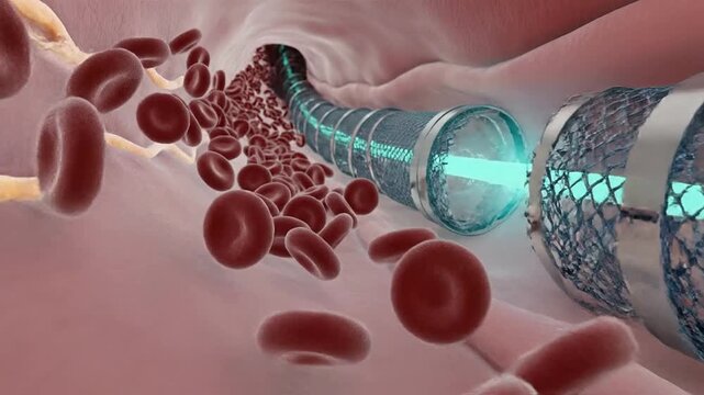 Futuristic 3D Illustration of Blood Cells Flowing Through an Artery with Nanotube Interaction Representing Advanced Medical Technology