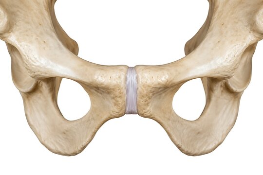 Human pelvis bone anatomy with highlighted pubic symphysis joint, close-up 3D illustration of skeletal system and hip structure for medical education.
