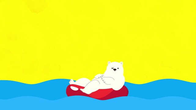 浮き輪に乗った波にゆれるシロクマのループアニメーション_コピースペース
