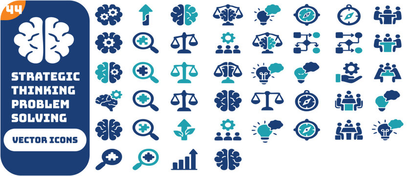 Strategic Thinking and Problem Solving solid icon set. Featuring Growth Mindset, Critical thinking, Decision Intelligence,and Brainstorming. Vector icons for strategy consulting and executive coaching