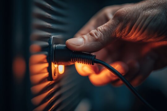 Close-up of a hand connecting a power plug into an electrical outlet with warm light illuminating the scene, showcasing detailed textures and shadows