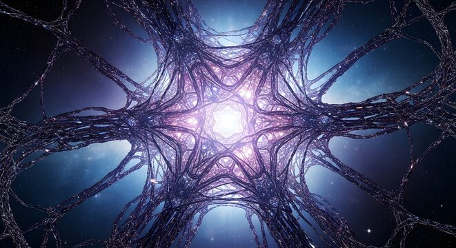 Abstract Galactic Network Structure with Bright Luminous Core on Dark Starry Space Background