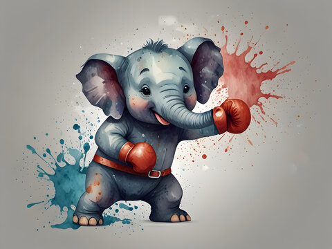 Watercolor comic elephant boxer character illustration with playful sporty expression