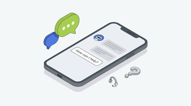 Smartphone displaying online chat interface with speech bubble and question marks.