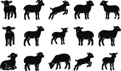 Fototapeta premium Adorable Lamb and Goat Kid Silhouettes: Playful Farm Animal Vector Icons for Nursery and Easter Decor