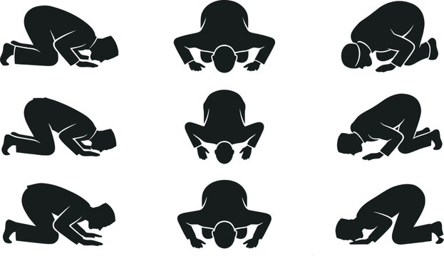 Silhouette Set of Muslim Men Prostrating in Sujud Prayer Position