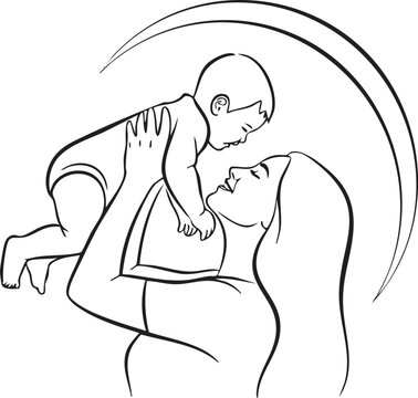 Mother holding her baby up in a loving gesture sketch with maternal, affection