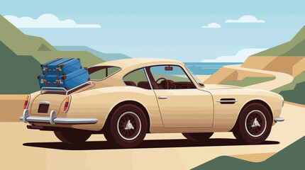 Naklejka premium Vintage Classic Sports Car on Coastal Road Trip with Luggage, Retro Vector Illustration