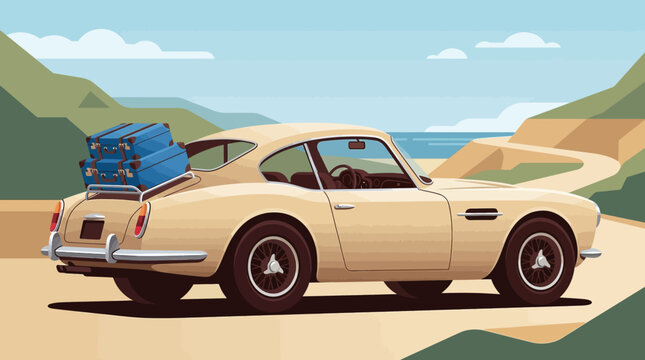 Vintage Classic Sports Car on Coastal Road Trip with Luggage, Retro Vector Illustration