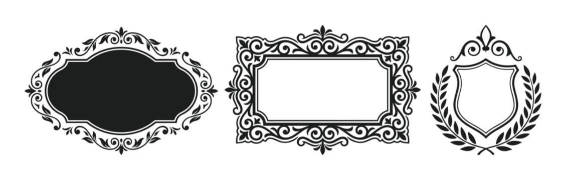 Ornate vintage frame vector set with floral flourishes and shield emblem for luxury design.