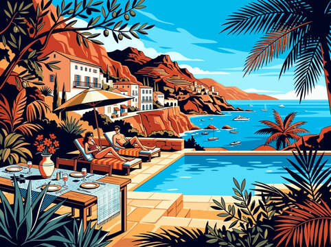 Luxury Mediterranean Summer Vacation Illustration of Couple Relaxing by Infinity Pool Overlooking Coastal Village and Turquoise Sea