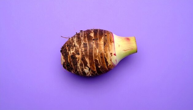 Single fresh raw taro root vegetable isolated on a purple background