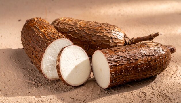Fresh Raw Cassava Root Vegetables, Whole and Sliced, on a Textured Earthy Surface