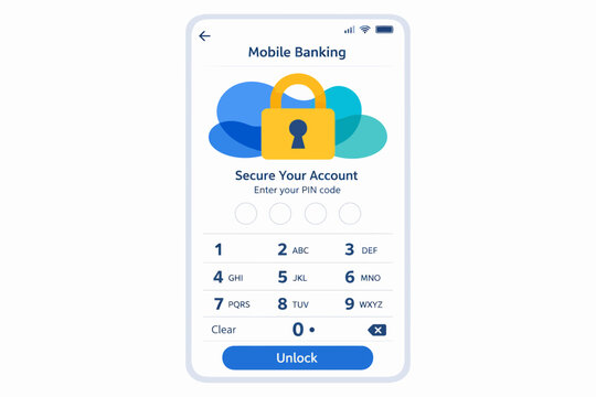 Secure Mobile Banking App Login Interface with Padlock and PIN Pad