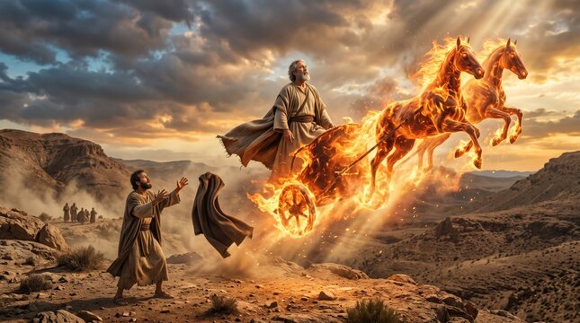 Biblical scene of the prophet Elijah being taken up to heaven in a fiery chariot.