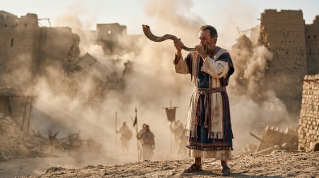 An ancient Israelite priest blowing a shofar horn as the walls of Jericho collapse behind him in a dramatic biblical scene.