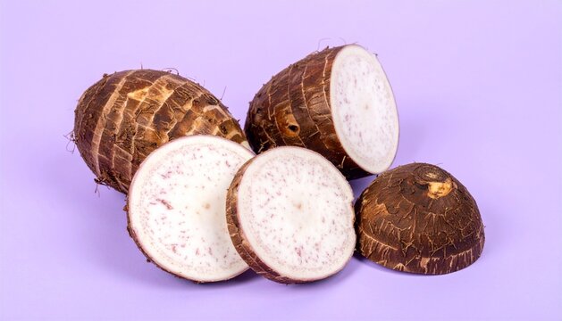 Fresh Taro Roots Whole and Sliced on Purple Background