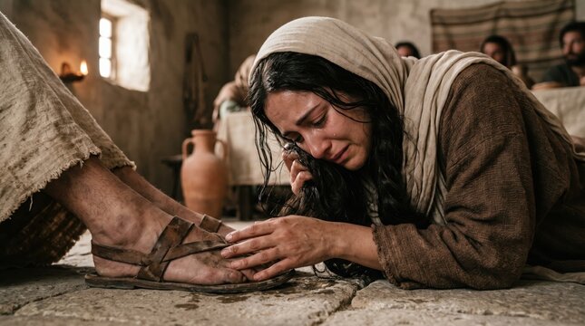 The woman weeps at Jesus' feet, dries them with her hair, kisses His feet, and anoints them with oil.