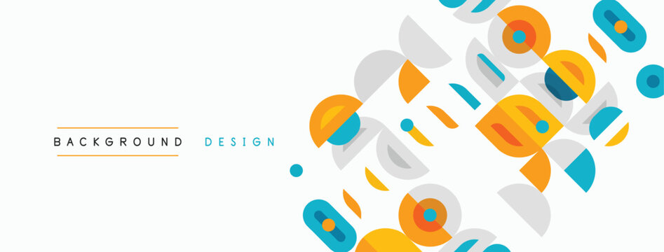 Abstract geometric shapes overlap, creating vibrant background. Orange, teal, gray dominate design. Minimalist aesthetic, modern feel.