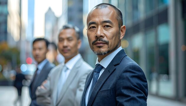 Equipo de profesionales de negocios en exterior urbano con ejecutivo serio en primer plano y compa&ntilde;eros desenfocados
