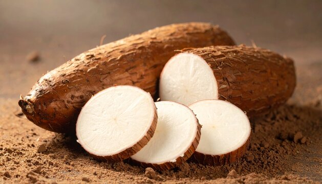 Fresh Raw Cassava Roots and Round Slices on Earthy Soil Background