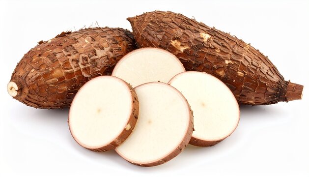 Fresh whole and sliced cassava roots isolated on a white background