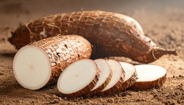 Freshly Harvested Cassava Root and Slices on Earthy Soil - Manioc or Yuca Starchy Vegetable