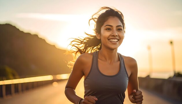 Mujer joven corriendo al aire libre al atardecer con luz c&aacute;lida en una escena de deporte y vida saludable