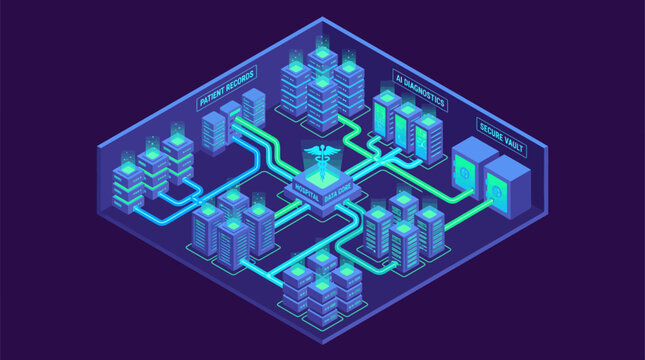Abstract digital network of servers and connections.
