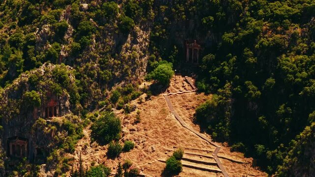 Aerial view Lycian ancient old Tombs around Fethiye Turkey.