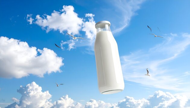 Botella blanca sin etiqueta flotando sobre fondo de cielo azul con nubes en composici&oacute;n minimalista de producto