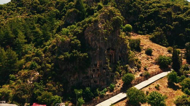 Aerial view Lycian ancient old Tombs around Fethiye Turkey.