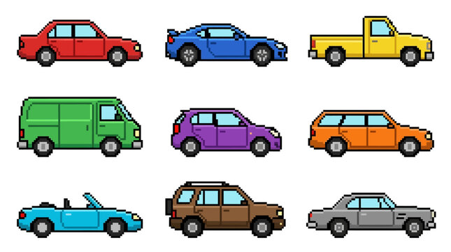 Pixel Art Collection of Various Vehicles in Different Colors and Styles