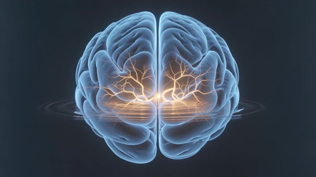 Serotonin pathways lighting up in a calm blue brain, relaxing waves emanating from the center, meditation concept. no text