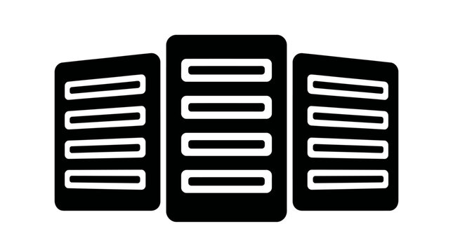 Three black server rack cabinets icon representing data center technology web hosting infrastructure networking hardware equipment vector graphic display
