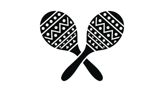 Black and white vector illustration of a pair of traditional wooden maracas decorated with geometric patterns including circles triangles and lines icon