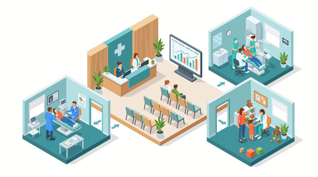 Modern Healthcare Facility Isometric View Showing Different Departments.