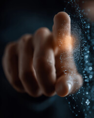 Fototapeta premium Digital Touch: A close-up shot of a human finger making contact with a network of digital dots, suggesting innovation, security and connection.
