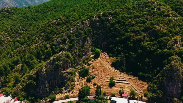 Aerial view Lycian ancient old Tombs around Fethiye Turkey.