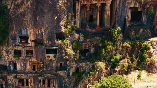 Aerial view Lycian ancient old Tombs around Fethiye Turkey.