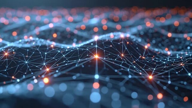 Abstract digital network of glowing interconnected points and lines on a dark background