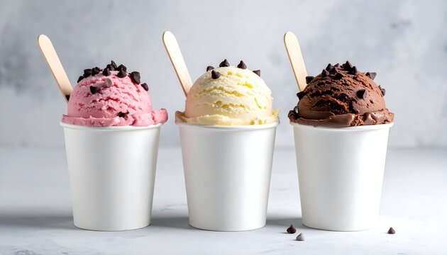Tres tarrinas de helado de sabores con cucharillas de madera sobre fondo claro en composici&oacute;n minimalista