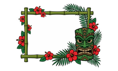 Tiki Bamboo Frame with Hibiscus Flowers and Tropical Leaves © tere