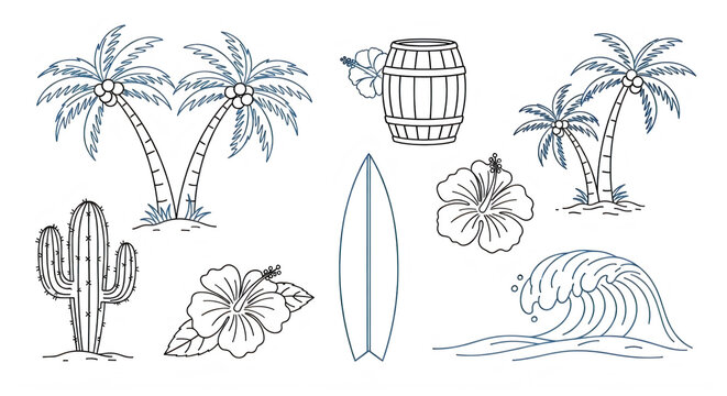 Tropical icons, beach symbols, palm trees, surfboard, cactus, floral, summer graphics isolated PNG with Transparent Background Summer PNG