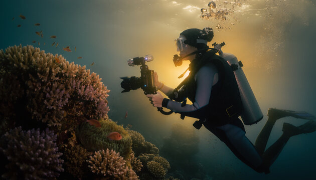 Celebrating World Oceans Day A diver captures the stunning beauty of vibrant coral reefs and marine life with an underwater camera, promoting conservation