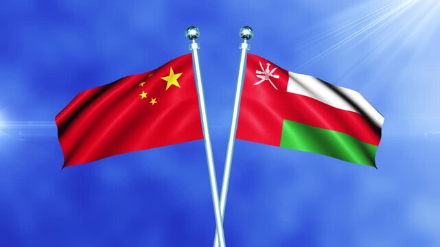 China and Oman Flag Waving On Pole Loop